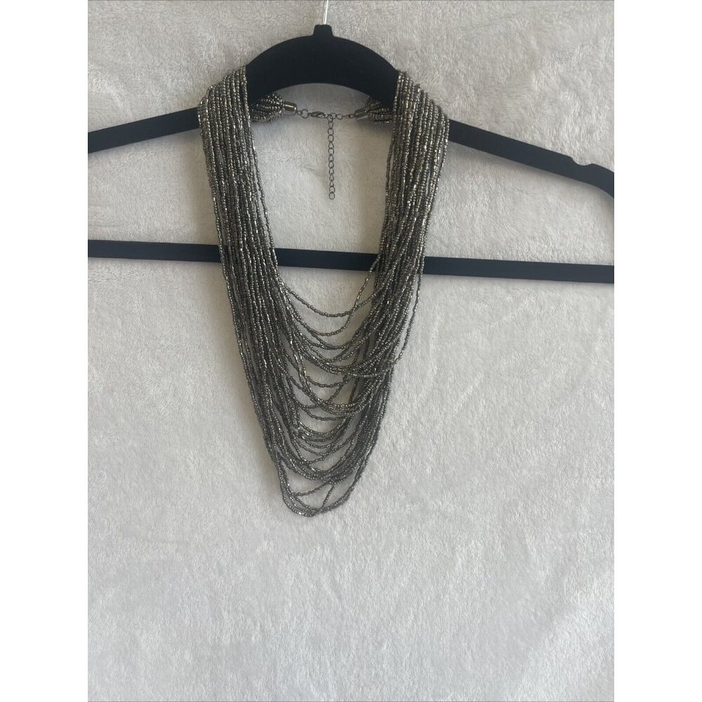 MEGA Seed Bead Necklace Multi Strand Layers Gunmetal Shiny Draping Bib Fashion